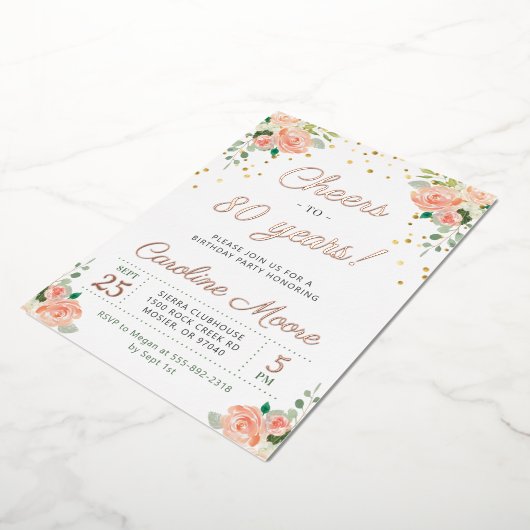 80誕生日応援から80年レディースバラ金ゴールド 箔招待状 (回転した状態)