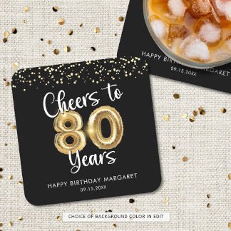 80誕生日応援～80年ブラック金ゴールド スクエアペーパーコースター