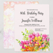 80誕生日招待ピンクとオレンジ色の花 招待状 (正面/裏面)