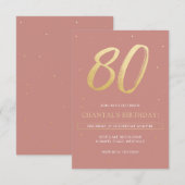 80誕生日招待状と埃っぽいピンクと金ゴールド 招待状 (正面/裏面)