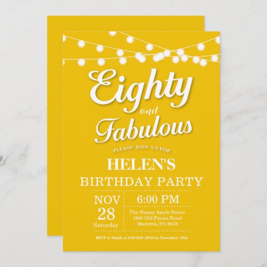 80誕生日招待状イエローファブラス 招待状 (正面/裏面)