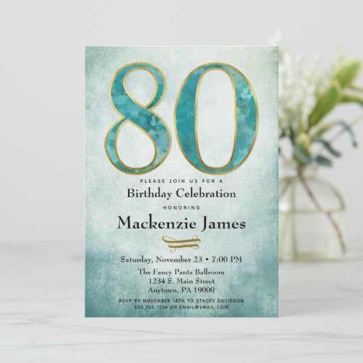 80誕生日招待状ターコイズブルー金ゴールド大人 招待状 (スタンド正面)