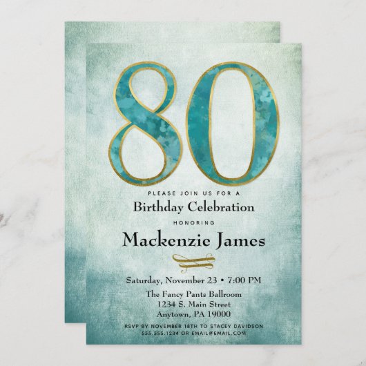 80誕生日招待状ターコイズブルー金ゴールド大人 招待状 (正面/裏面)