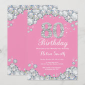 80誕生日招待状ピンクとシルバーダイヤモンド 招待状 (正面/裏面)