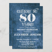80誕生日招待状ブルーリネン素朴応援 招待状 (正面/裏面)