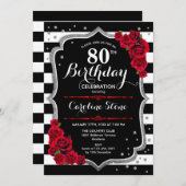 80誕生日招待状白黒ストライプバラ 招待状 (正面/裏面)