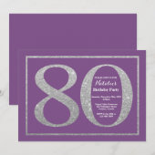 80誕生日招待状紫と銀グリッター 招待状 (正面/裏面)