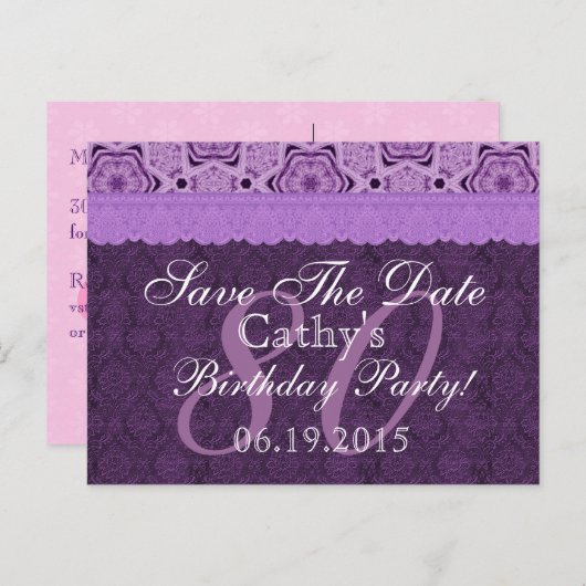 80誕生日日付を保存する紫のアンティークレース 案内ポストカード (正面/裏面)