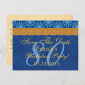 80誕生日日付を保存する青と金ゴールドレースW80 案内ポストカード (正面/裏面)