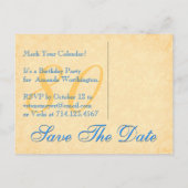 80誕生日日付を保存する青と金ゴールドレースW80 案内ポストカード (裏面)