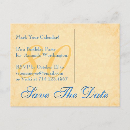 80誕生日日付を保存する青と金ゴールドレースW80 案内ポストカード (裏面)