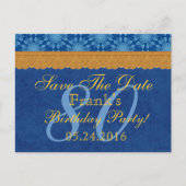 80誕生日日付を保存する青と金ゴールドレースW80 案内ポストカード (正面)