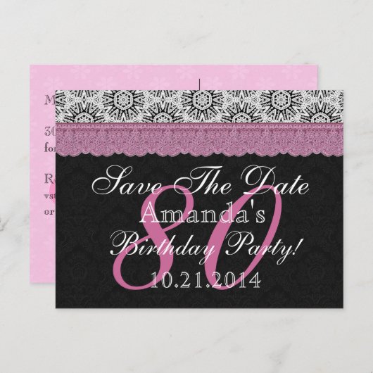 80誕生日日付を保存白黒ピンク 案内ポストカード (正面/裏面)