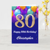 80誕生日海軍青と金ゴールドカラフル気球 カード (黄色い花)