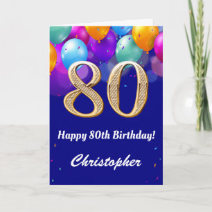 80誕生日海軍青と金ゴールドカラフル気球 カード