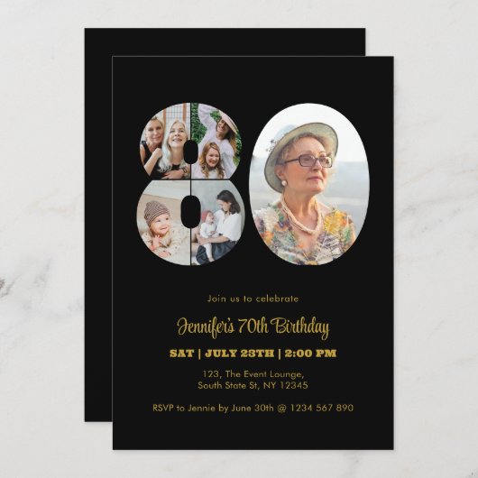 80誕生日番号80フォトコラージッモダンク 招待状 (正面/裏面)