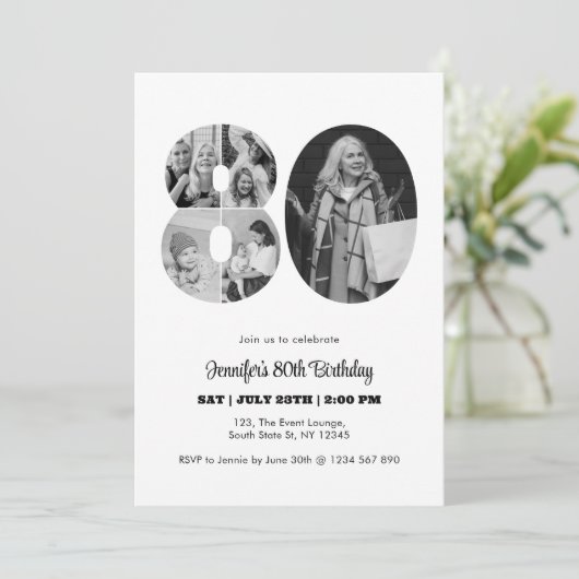 80誕生日番号80フォトコラージュ白黒 招待状 (スタンド正面)