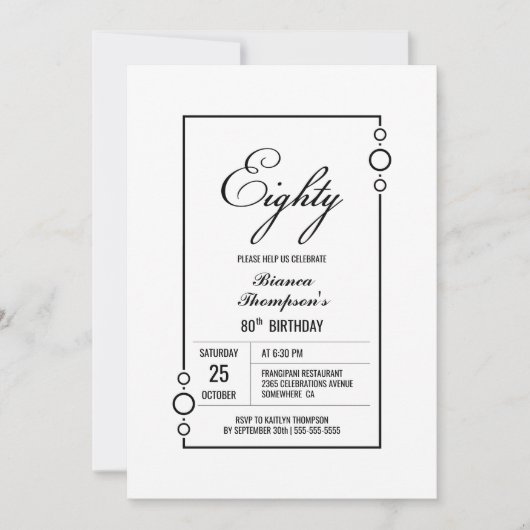 80誕生日白(黒フレームパーティー) 招待状 (正面)