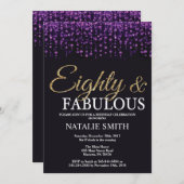 80誕生日紫と金ゴールドグリッター 招待状 (正面/裏面)