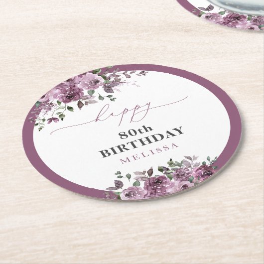 80誕生日紫エレガントバラ ラウンドペーパーコースター (アングル)