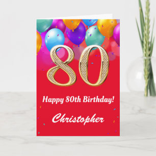 80誕生日赤と金ゴールド吹きカラフル出 カード