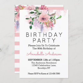 80誕生日赤面ピンクローズフローラ水彩 招待状