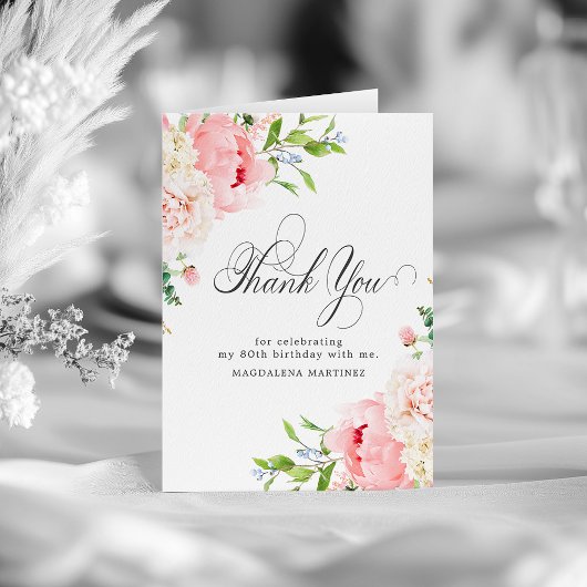 80誕生日赤面ピンク牡丹フローラ折り畳み サンキューカード