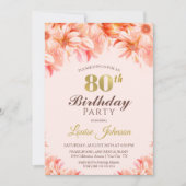 80誕生日赤面ピンク金ゴールドフローラパーティー 招待状 (正面)