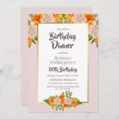 80誕生日金ゴールドフレームピンクフローラパーティー 招待状 (正面/裏面)