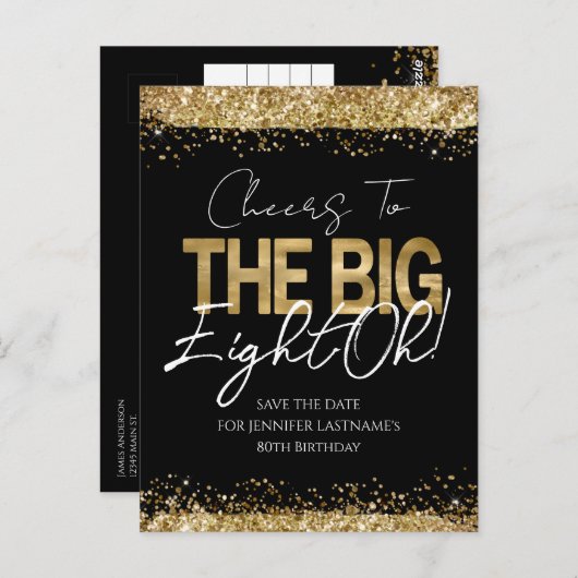 80誕生日金ゴールドブラック日付はがきを保存 ポストカード (正面/裏面)