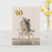 80誕生日風船とタビー猫 カード (黄色い花)