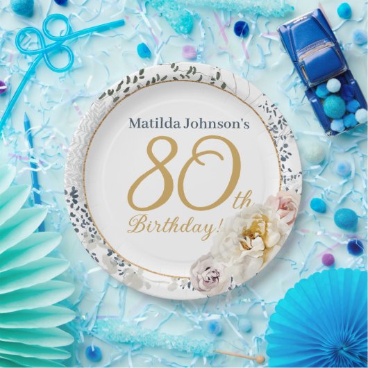 80誕生日黄フローラエレガント写カスタム真 ペーパープレート (パーティー)