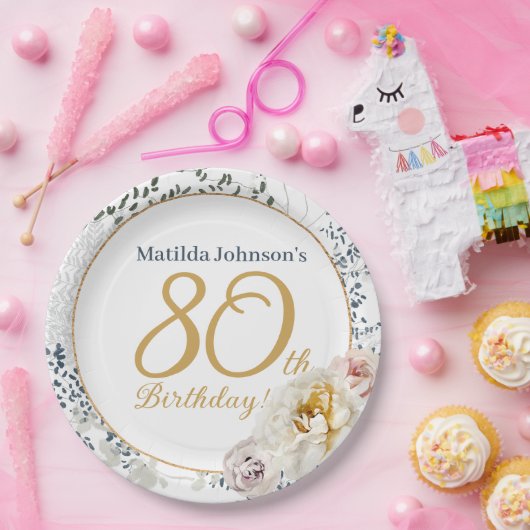 80誕生日黄フローラエレガント写カスタム真 ペーパープレート (パーティー)