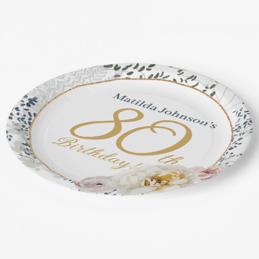 80誕生日黄フローラエレガント写カスタム真 ペーパープレート (アングル)