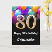 80誕生日黒と金ゴールドの吹きカラフル出し カード (黄色い花)