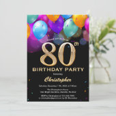 80誕生日黒と金ゴールドの吹きカラフル出し 招待状 (スタンド正面)
