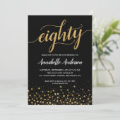 80誕生日黒モダン金ゴールド紙吹雪スクリプト 招待状 (スタンド正面)