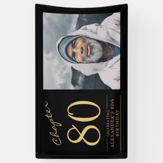 80誕生日黒金ゴールド写真 横断幕 (縦)