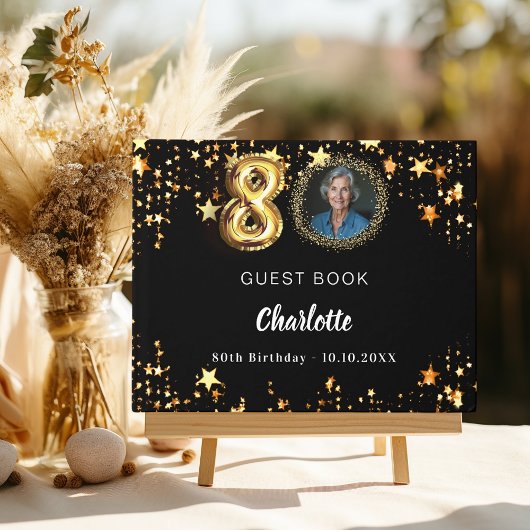 80誕生日黒金ゴールド星写真 ゲストブック