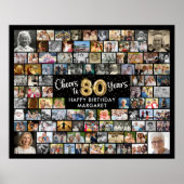 80誕生日100枚の写真ブラック金ゴールド応援 ポスター (正面)