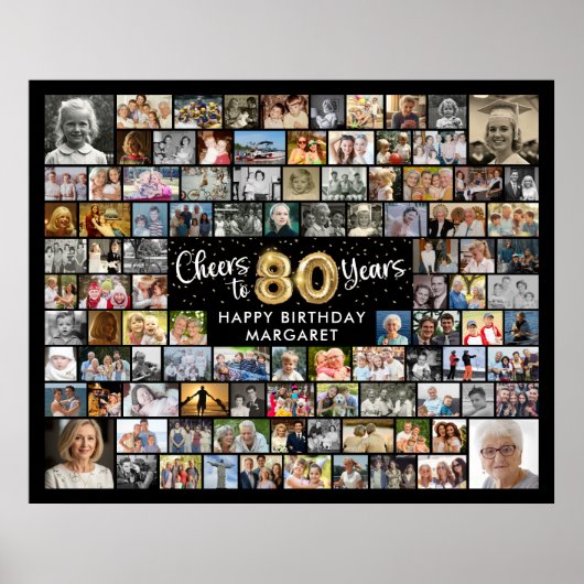 80誕生日100枚の写真ブラック金ゴールド応援 ポスター (正面)