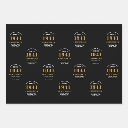 80誕生日1941ブラック金ゴールドパーソナライズされた ラッピングペーパーシート (正面)