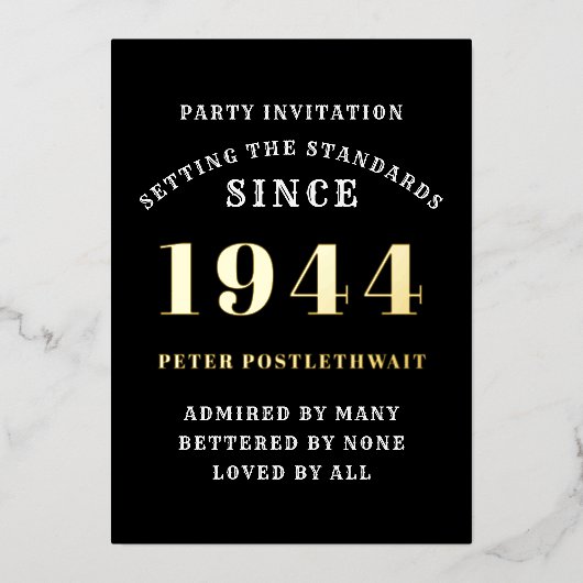 80誕生日1944ブラック金ゴールドパーソナライズされたのために 箔招待状 (正面)