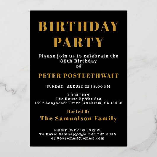 80誕生日1944ブラック金ゴールドパーソナライズされたのために 箔招待状 (裏面)