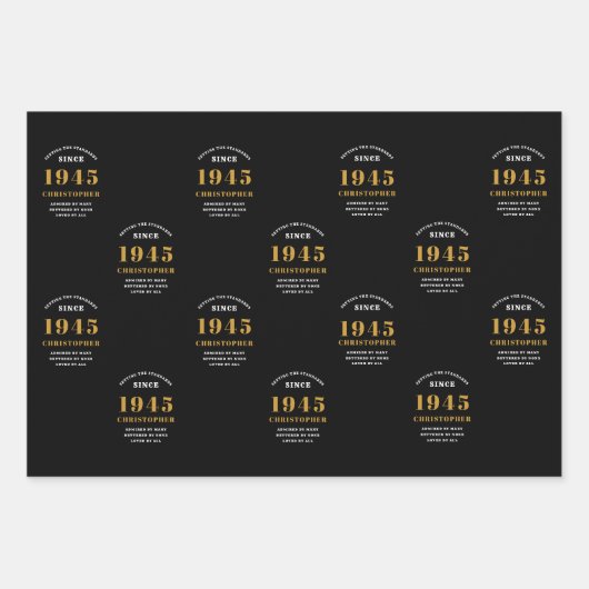 80誕生日1945生まれ名を追加黒い金ゴールド ラッピングペーパーシート (正面2)