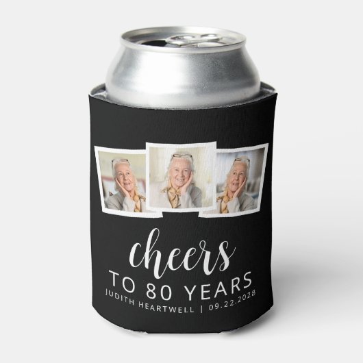 80誕生日3フォト白黒スクリプト応援 缶クーラー (缶正面)