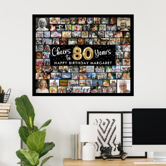 80誕生日92枚の写真黒金ゴールド応援To Year ポスター (ホームオフィス)