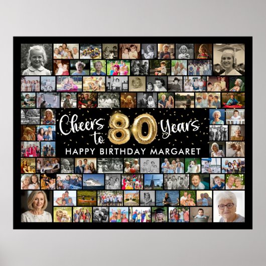 80誕生日92枚の写真黒金ゴールド応援To Year ポスター (正面)