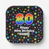 80誕生日:おもしろいスター柄と虹"80" ペーパープレート (正面)