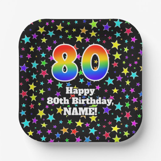 80誕生日:おもしろいスター柄と虹"80" ペーパープレート (正面)